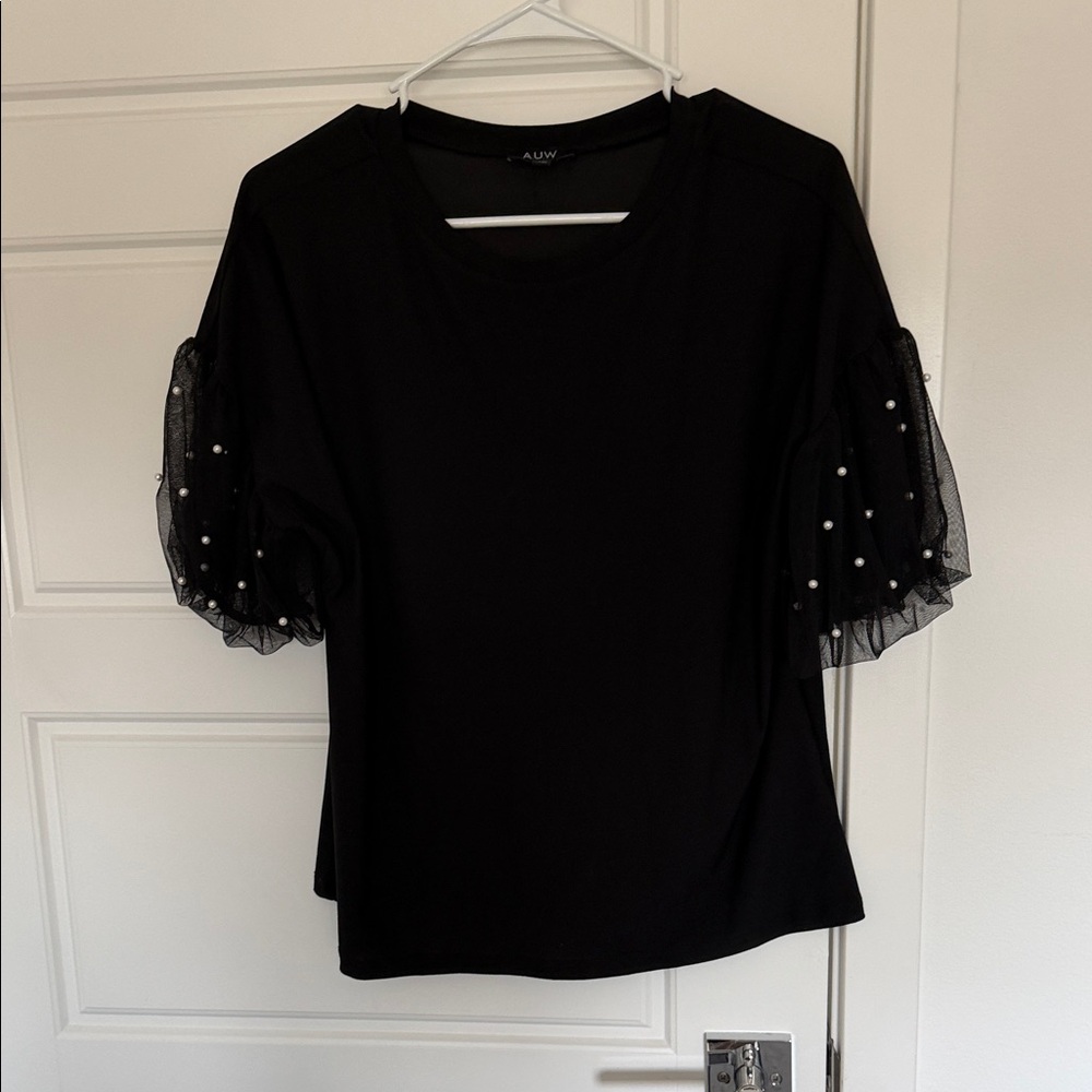 NWOT AUW Black Short Sleeve Top with Sheer Pearl-Studded Puff Sleeves